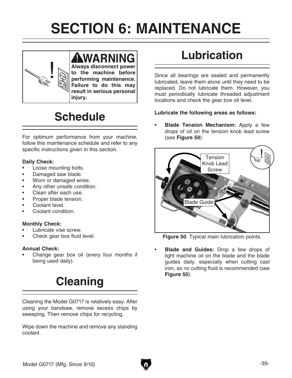 Lubrication, Cleaning, Schedule | Grizzly G0717 User Manual | Page 41 / 60