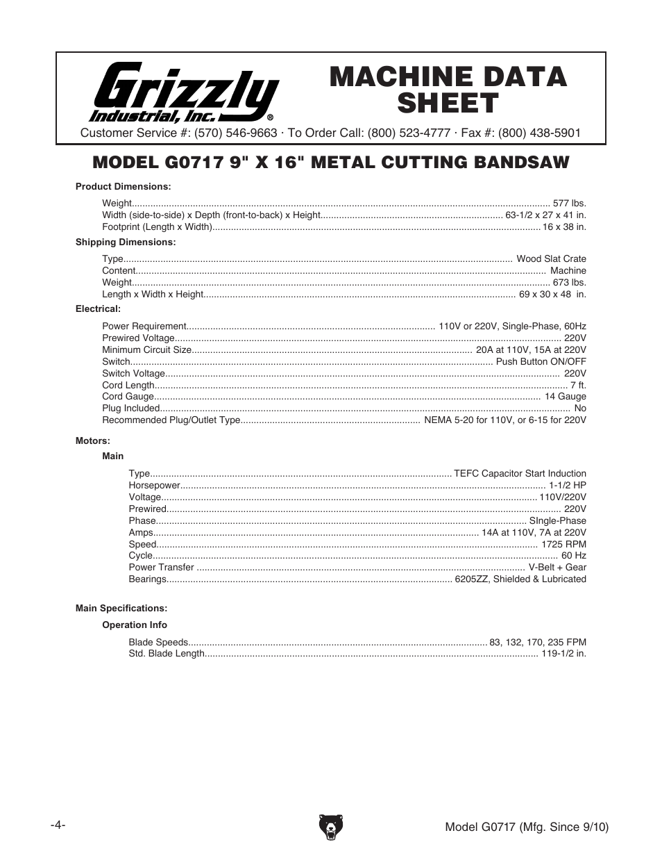 Machine data sheet | Grizzly G0717 User Manual | Page 6 / 60