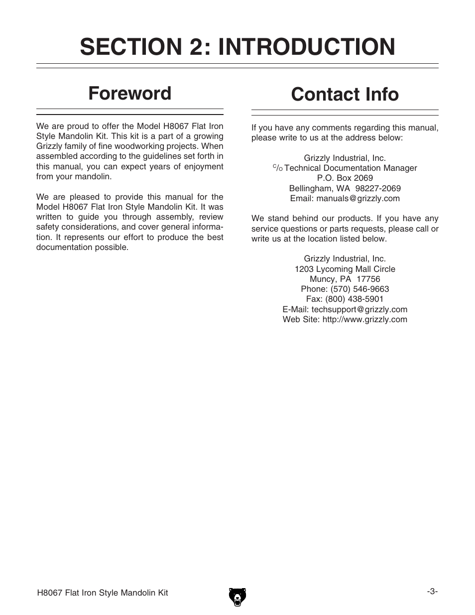 Contact info foreword | Grizzly H8067 User Manual | Page 5 / 28