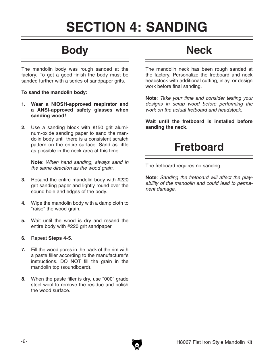 Body, Neck, Fretboard | Grizzly H8067 User Manual | Page 8 / 28