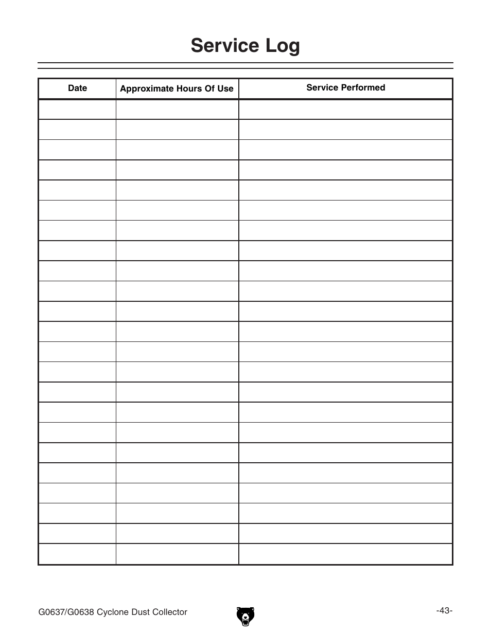 Service log | Grizzly Model G0638 User Manual | Page 45 / 60