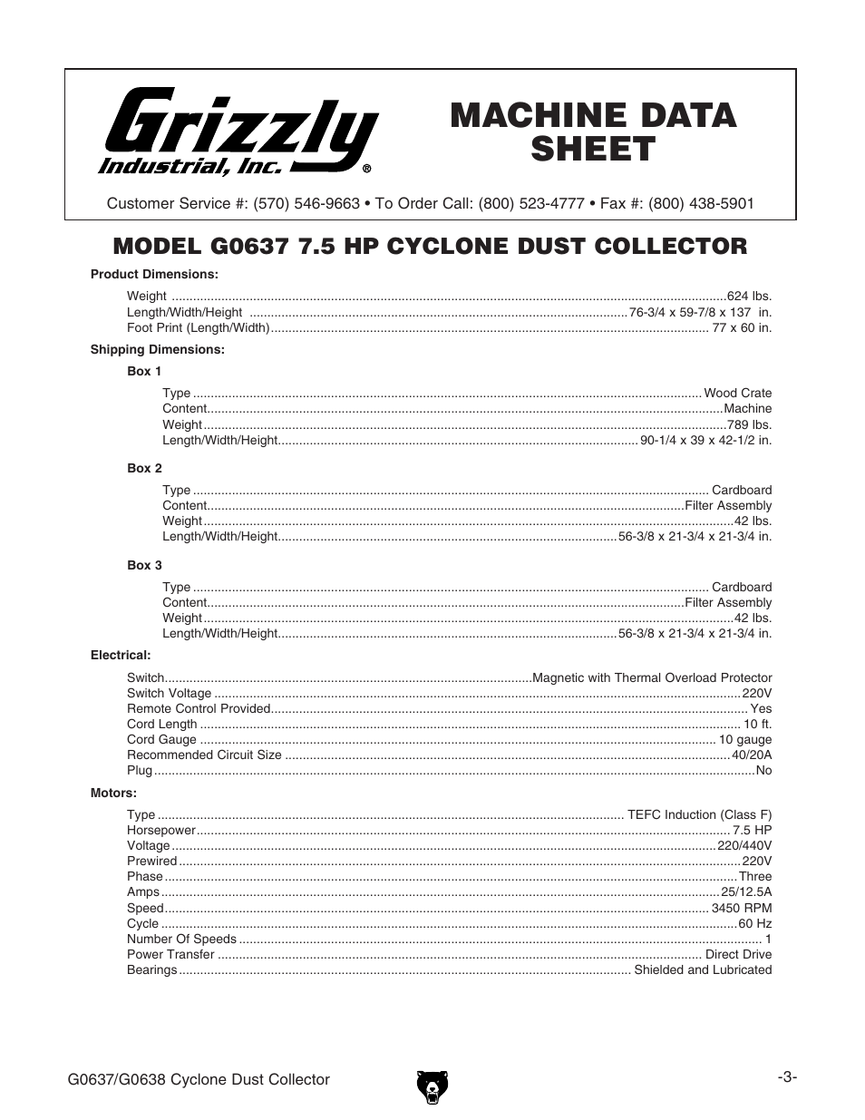 G0637 machine data sheet | Grizzly Model G0638 User Manual | Page 5 / 60