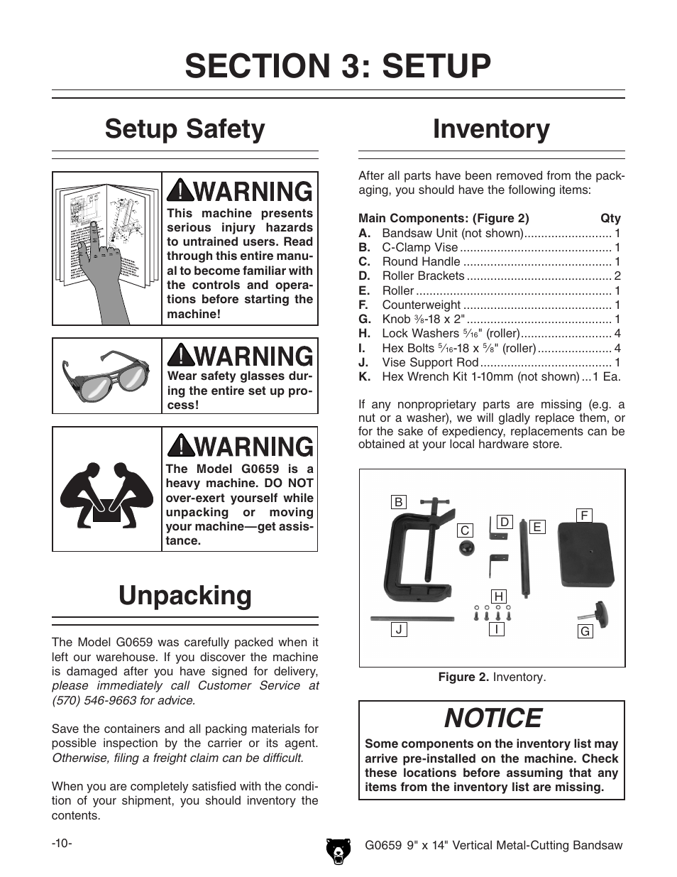 Setup safety, Unpacking, Inventory notice | Grizzly G0659 User Manual | Page 12 / 60