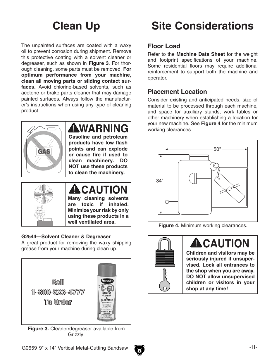 Site considerations, Clean up | Grizzly G0659 User Manual | Page 13 / 60
