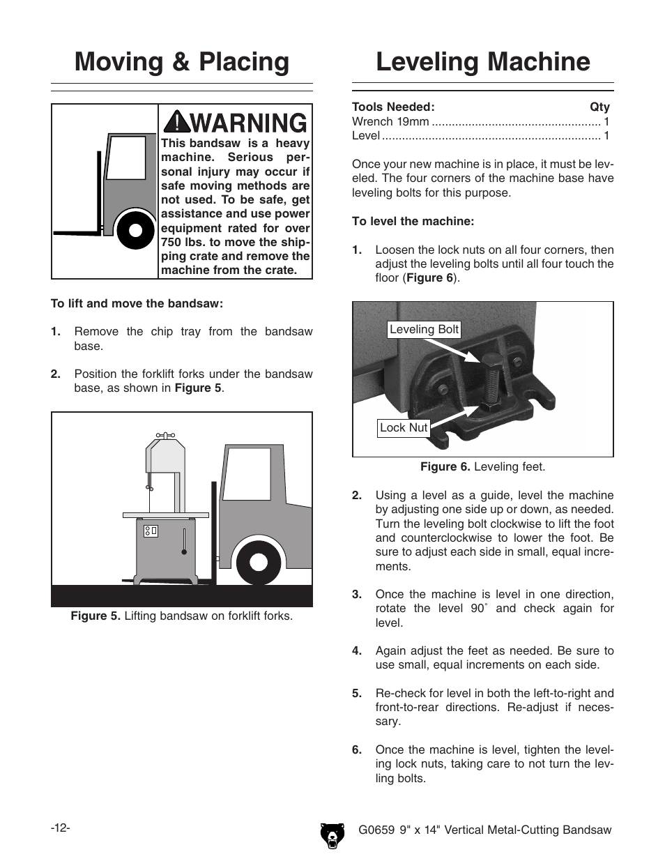 Moving & placing, Leveling machine | Grizzly G0659 User Manual | Page 14 / 60