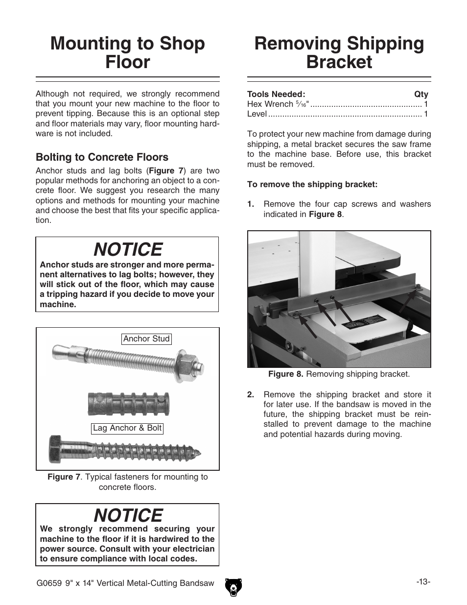 Mounting to shop floor notice, Notice, Removing shipping bracket | Grizzly G0659 User Manual | Page 15 / 60