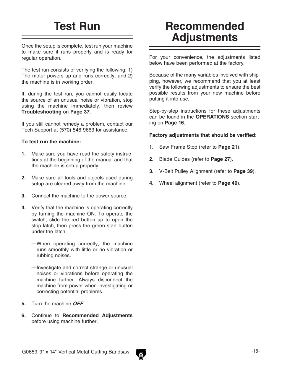 Test run, Recommended adjustments | Grizzly G0659 User Manual | Page 17 / 60