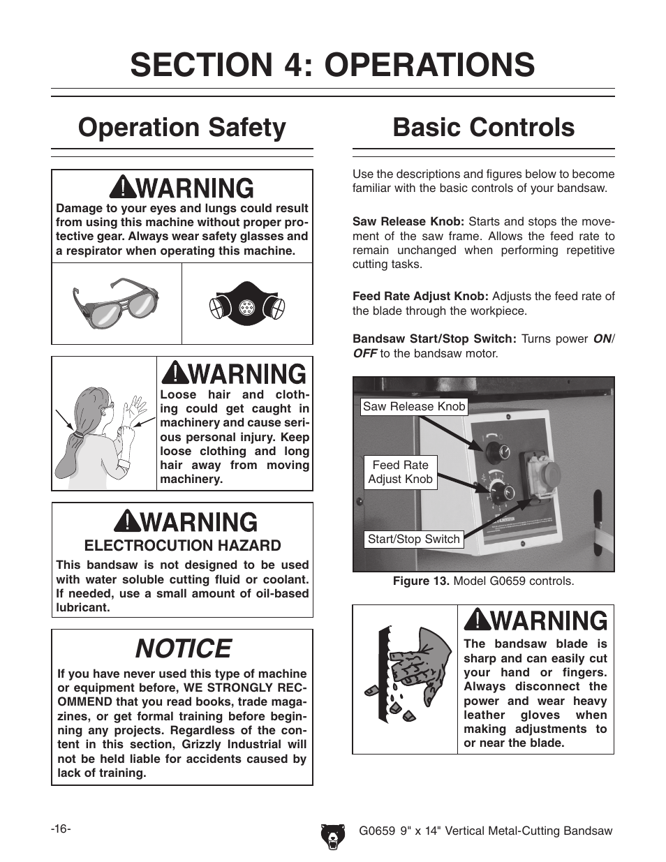 Operation safety notice, Basic controls | Grizzly G0659 User Manual | Page 18 / 60