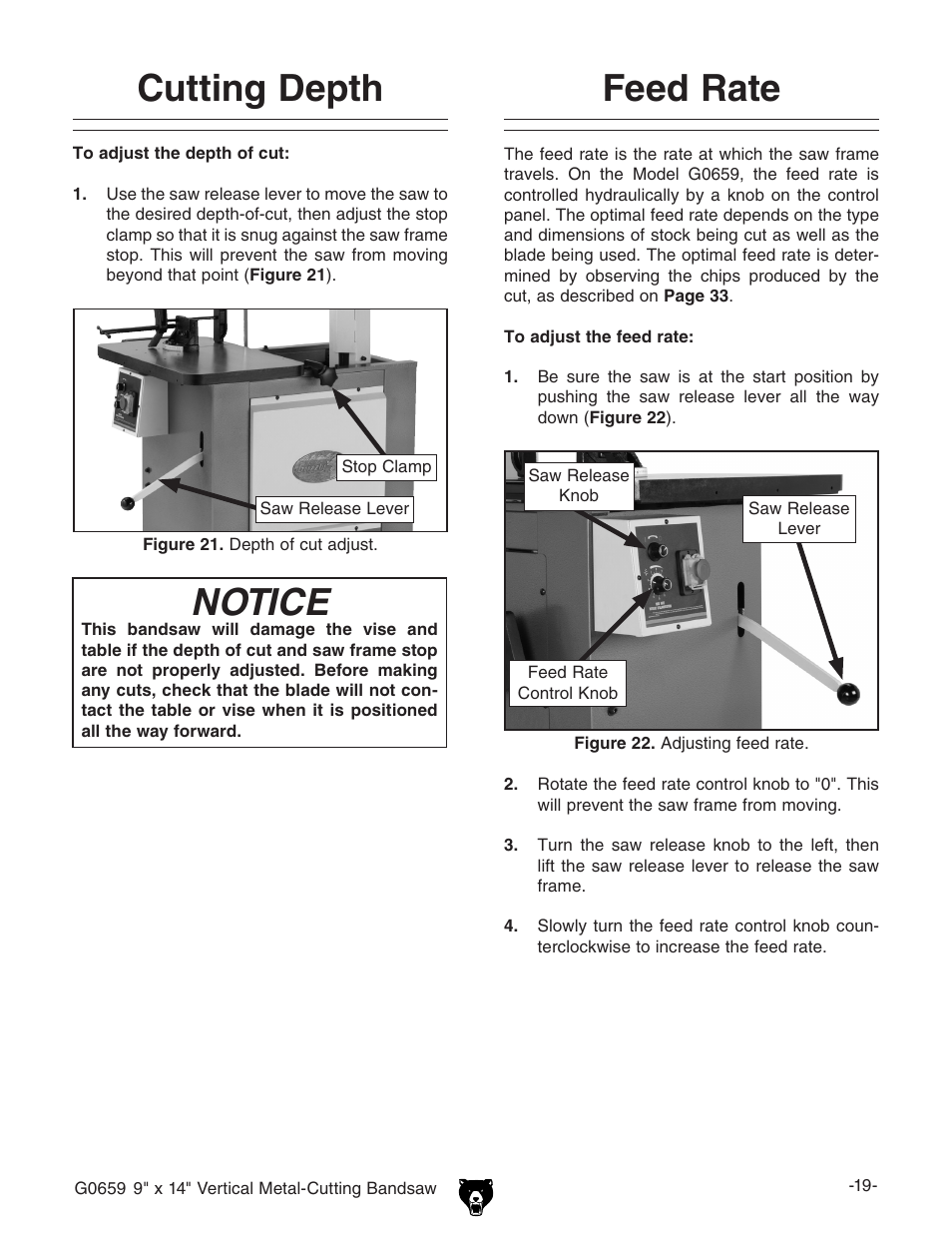 Feed rate, Notice, Cutting depth | Grizzly G0659 User Manual | Page 21 / 60