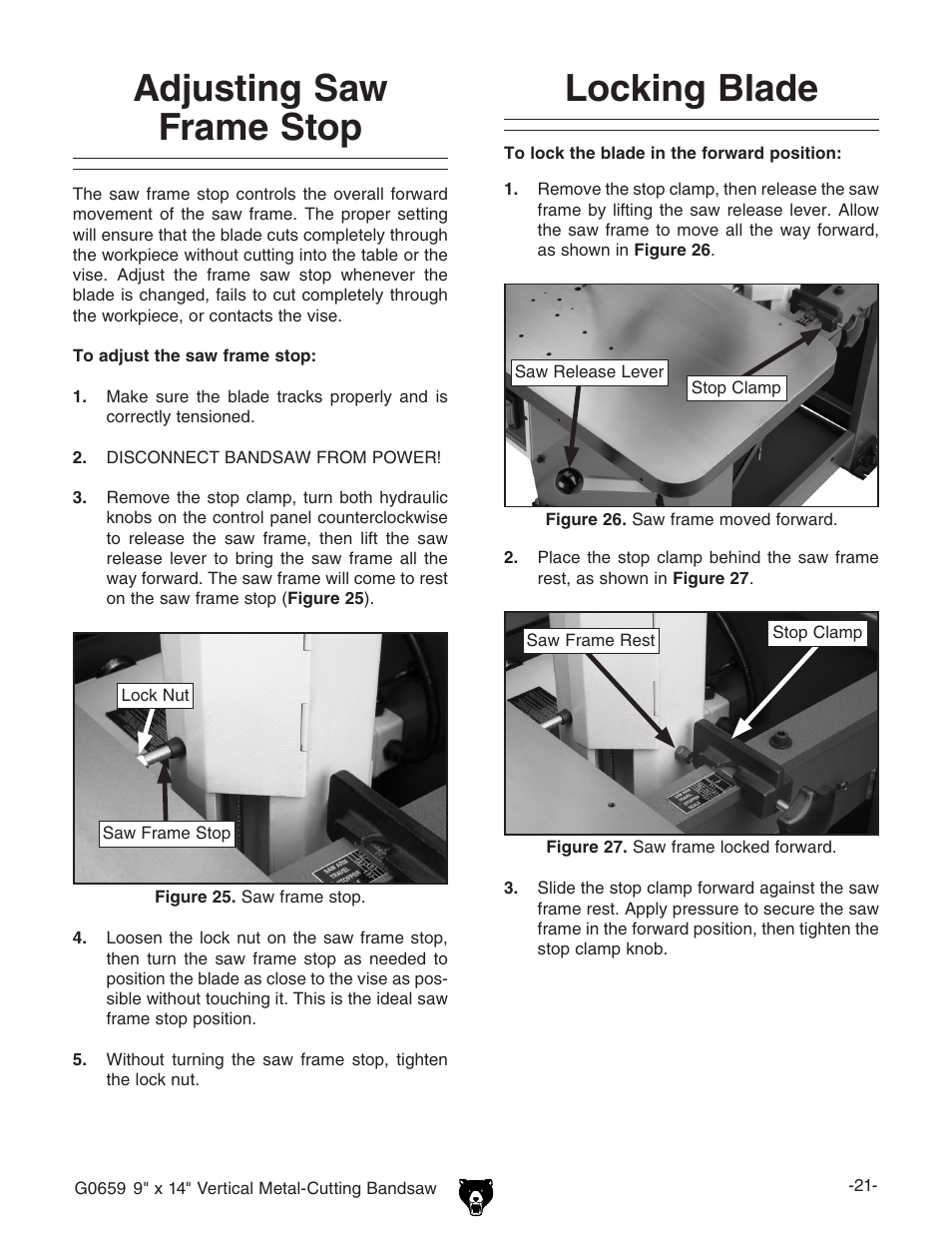 Locking blade, Adjusting saw frame stop | Grizzly G0659 User Manual | Page 23 / 60