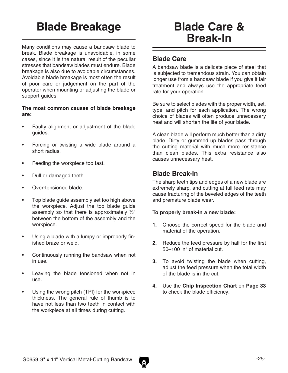 Blade breakage, Blade care & break-in | Grizzly G0659 User Manual | Page 27 / 60