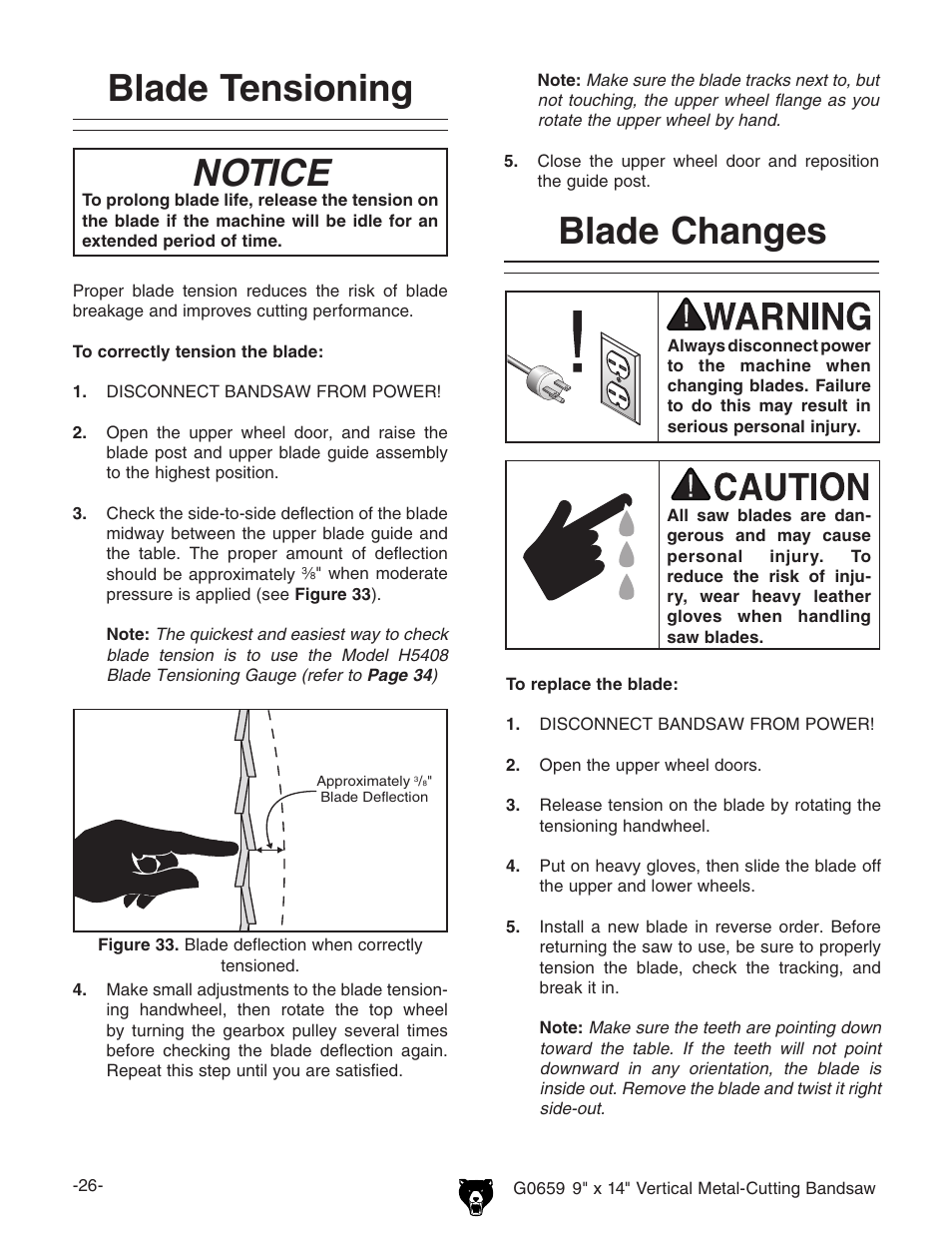Blade tensioning, Notice, Blade changes | Grizzly G0659 User Manual | Page 28 / 60
