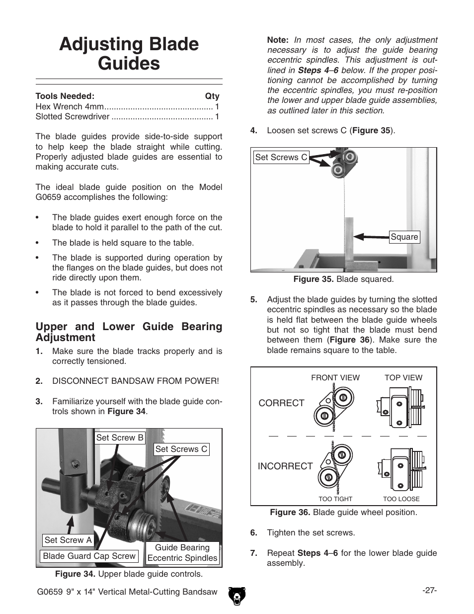 Adjusting blade guides | Grizzly G0659 User Manual | Page 29 / 60