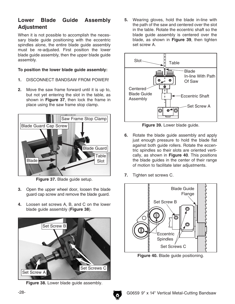 Lower blade guide assembly adjustment | Grizzly G0659 User Manual | Page 30 / 60