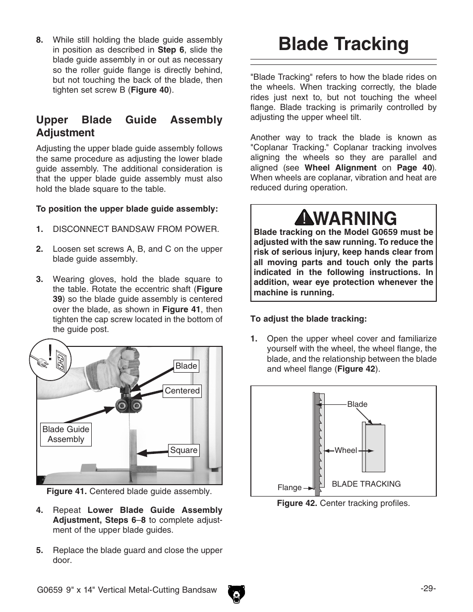 Blade tracking, Upper blade guide assembly adjustment | Grizzly G0659 User Manual | Page 31 / 60