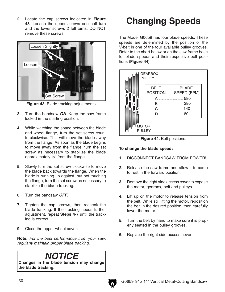 Changing speeds, Notice | Grizzly G0659 User Manual | Page 32 / 60