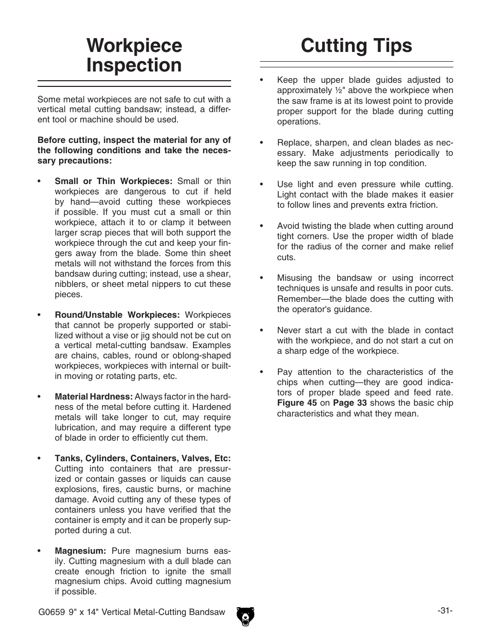 Workpiece inspection, Cutting tips | Grizzly G0659 User Manual | Page 33 / 60
