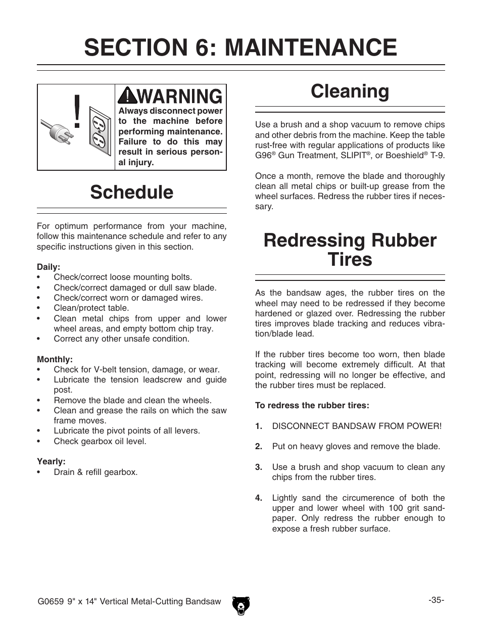 Schedule, Cleaning redressing rubber tires | Grizzly G0659 User Manual | Page 37 / 60
