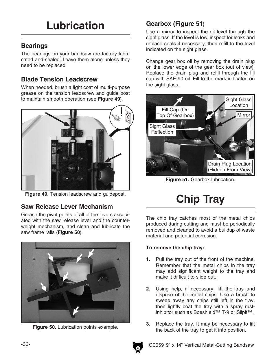 Lubrication, Chip tray | Grizzly G0659 User Manual | Page 38 / 60