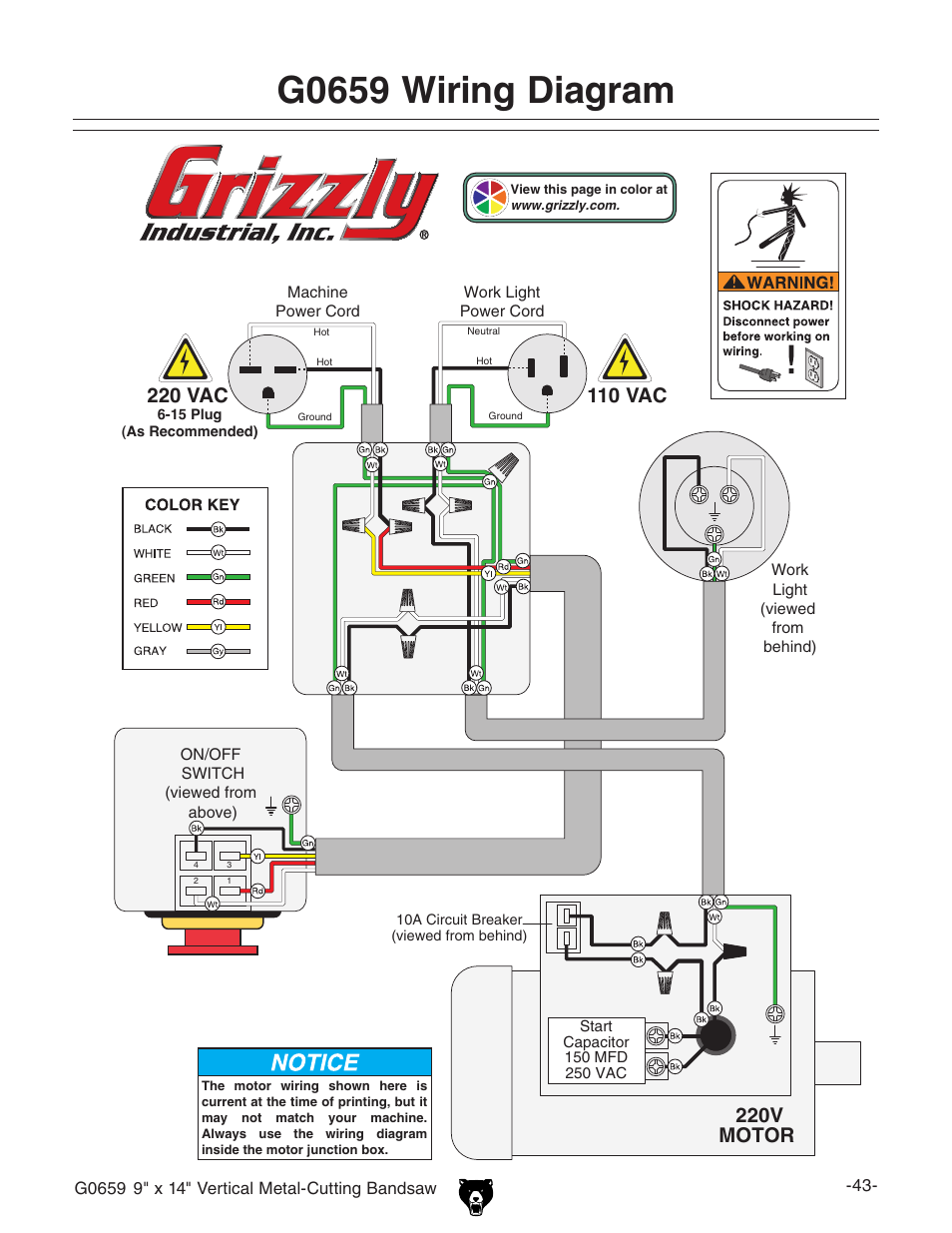 G0659 wiring diagram, 220v motor | Grizzly G0659 User Manual | Page 45 / 60