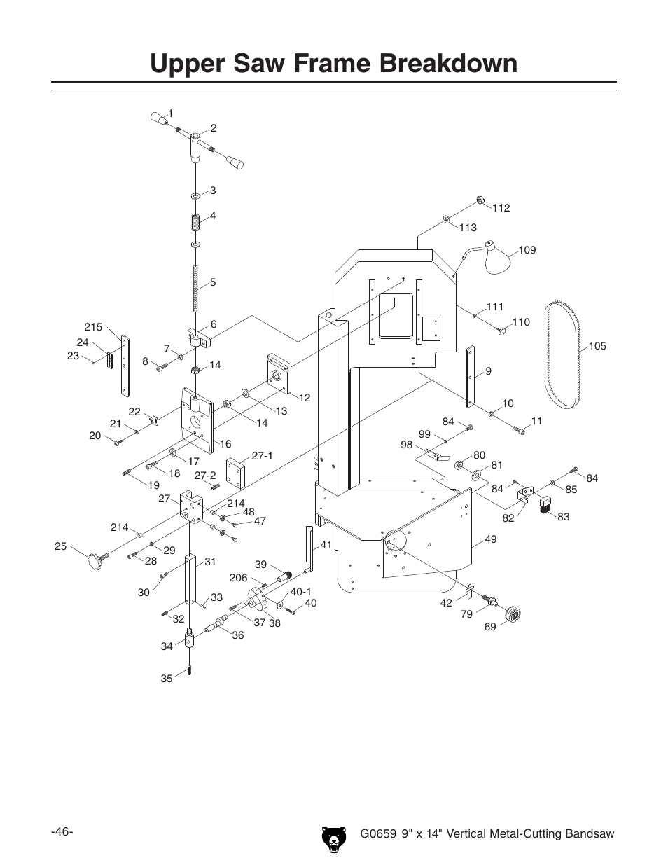 Upper saw frame breakdown | Grizzly G0659 User Manual | Page 48 / 60
