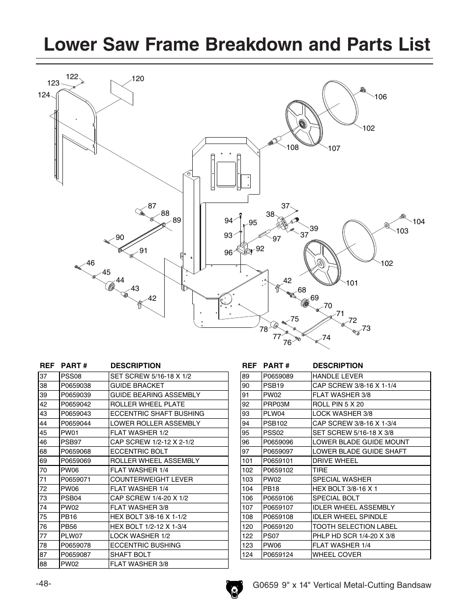 Lower saw frame breakdown and parts list | Grizzly G0659 User Manual | Page 50 / 60