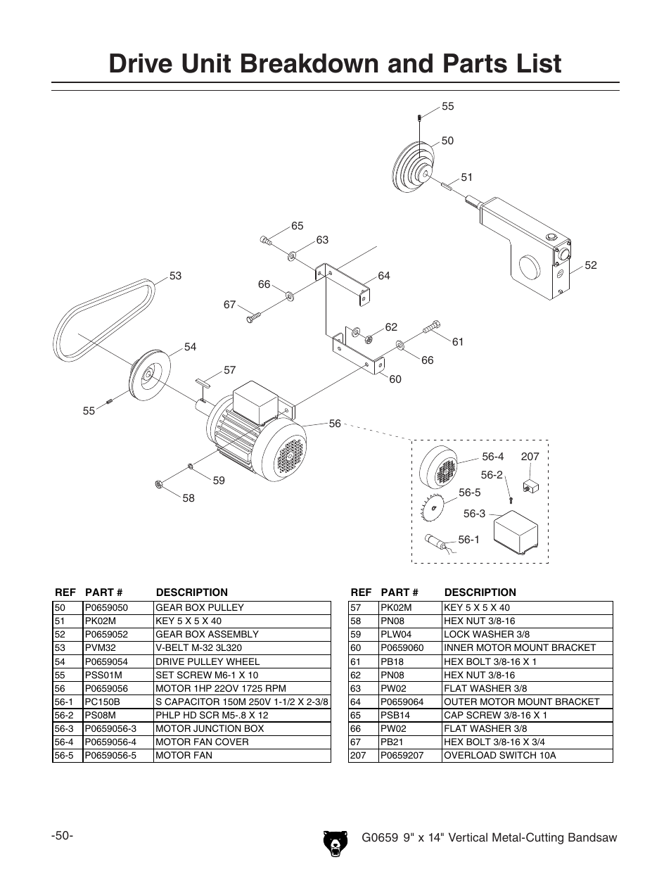 Drive unit breakdown and parts list | Grizzly G0659 User Manual | Page 52 / 60