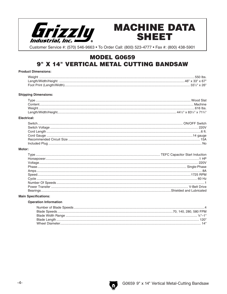 Machine data sheet | Grizzly G0659 User Manual | Page 6 / 60