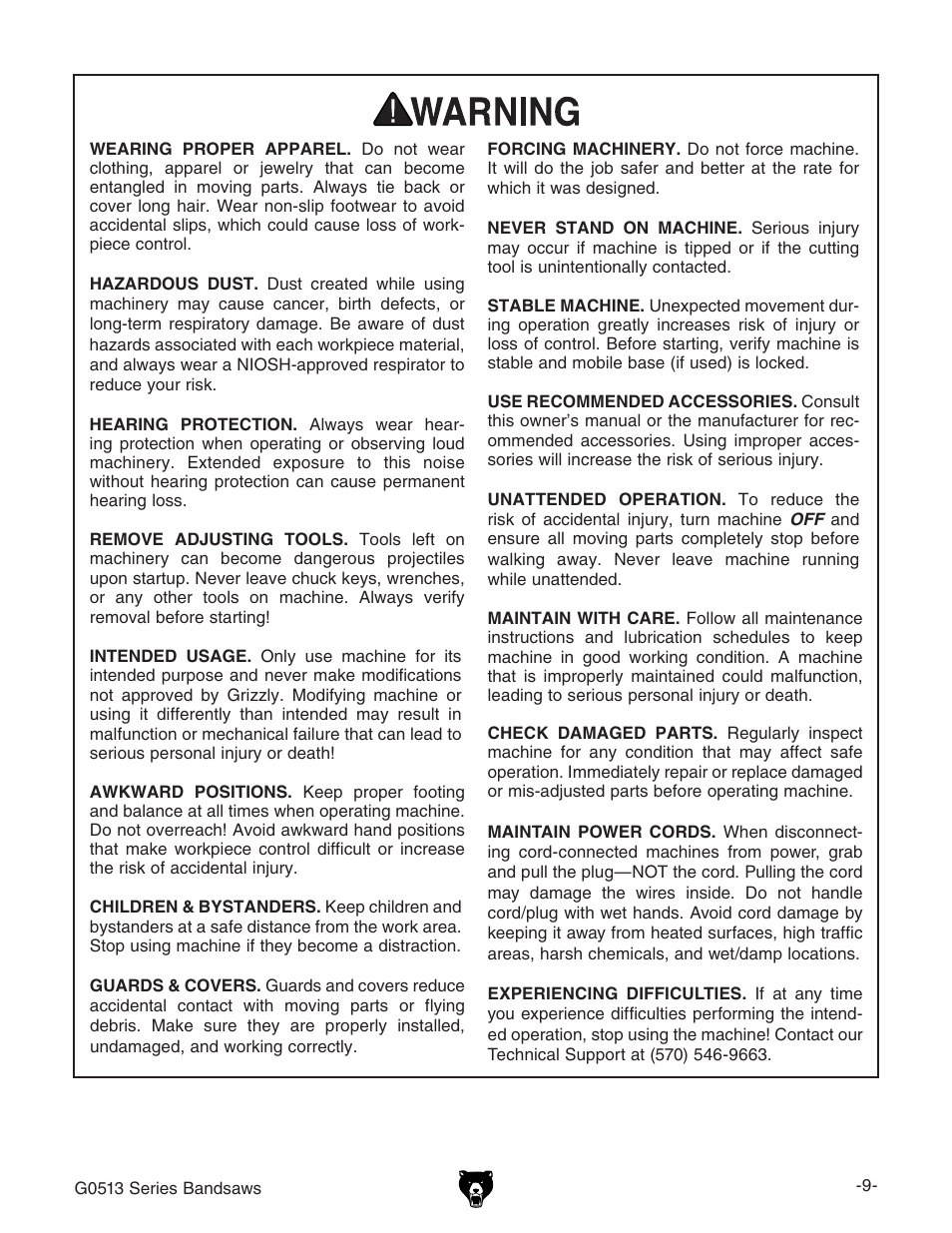 Grizzly 17" Heavy Duty-Bandsaw G0513X2BF User Manual | Page 11 / 108