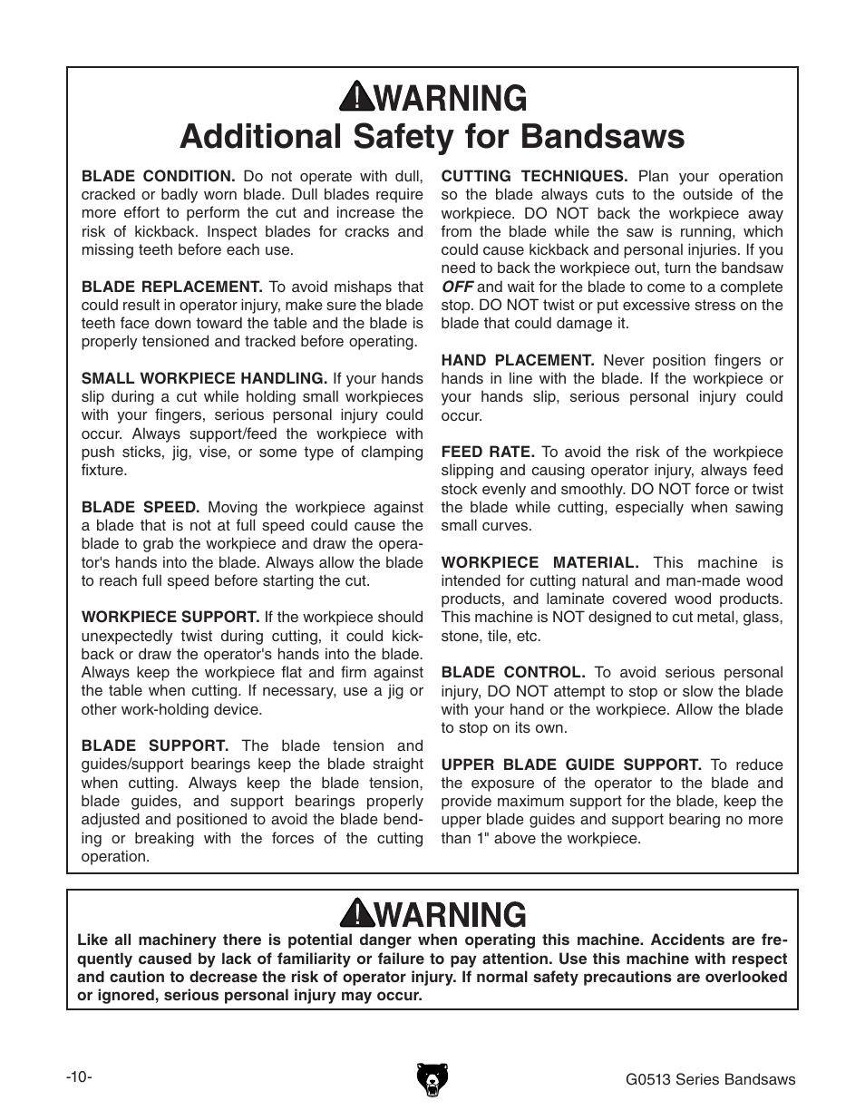 Additional safety for bandsaws | Grizzly 17" Heavy Duty-Bandsaw G0513X2BF User Manual | Page 12 / 108