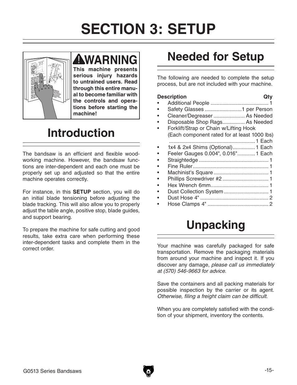 Unpacking needed for setup, Introduction | Grizzly 17" Heavy Duty-Bandsaw G0513X2BF User Manual | Page 17 / 108