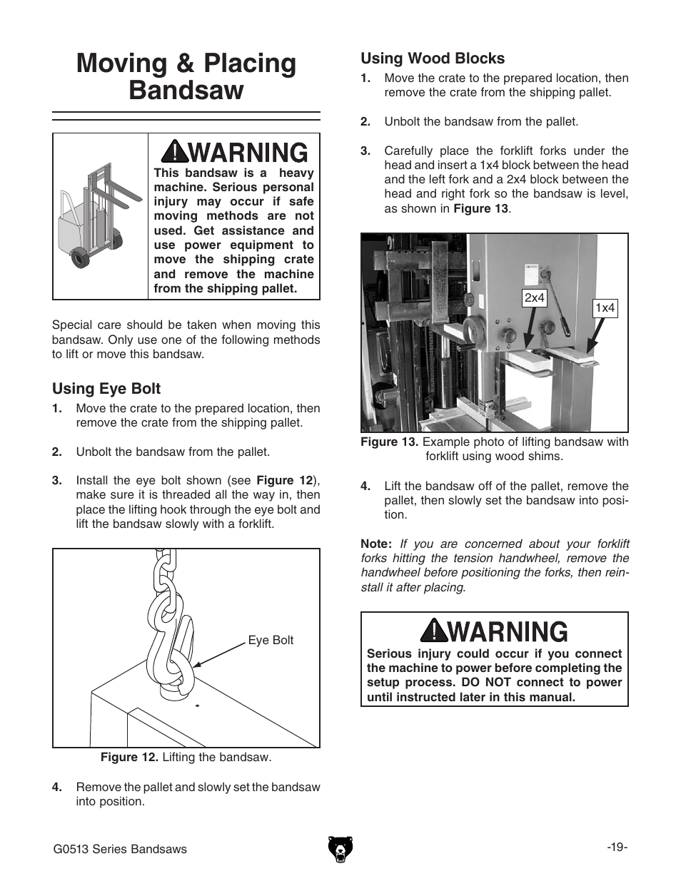 Moving & placing bandsaw | Grizzly 17" Heavy Duty-Bandsaw G0513X2BF User Manual | Page 21 / 108