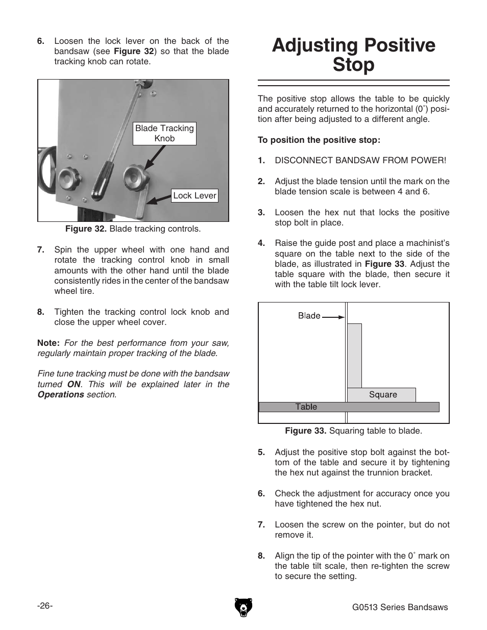 Adjusting positive stop | Grizzly 17" Heavy Duty-Bandsaw G0513X2BF User Manual | Page 28 / 108