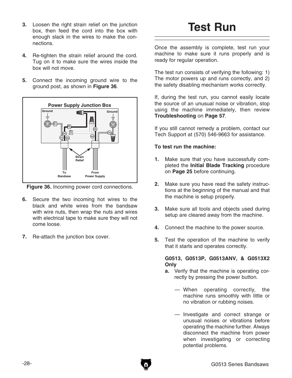 Test run | Grizzly 17" Heavy Duty-Bandsaw G0513X2BF User Manual | Page 30 / 108
