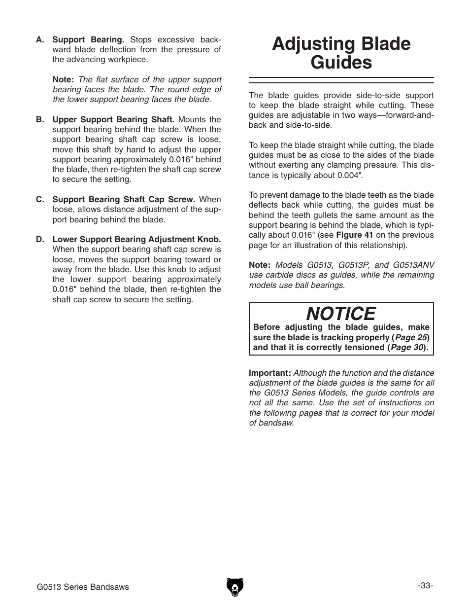 Adjusting blade guides | Grizzly 17" Heavy Duty-Bandsaw G0513X2BF User Manual | Page 35 / 108