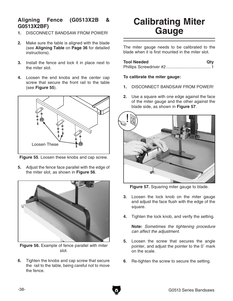 Calibrating miter gauge | Grizzly 17" Heavy Duty-Bandsaw G0513X2BF User Manual | Page 40 / 108