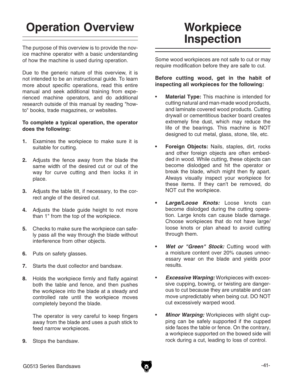 Operation overview, Workpiece inspection | Grizzly 17" Heavy Duty-Bandsaw G0513X2BF User Manual | Page 43 / 108