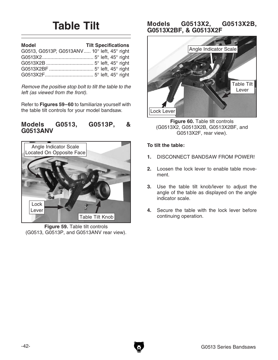 Table tilt | Grizzly 17" Heavy Duty-Bandsaw G0513X2BF User Manual | Page 44 / 108
