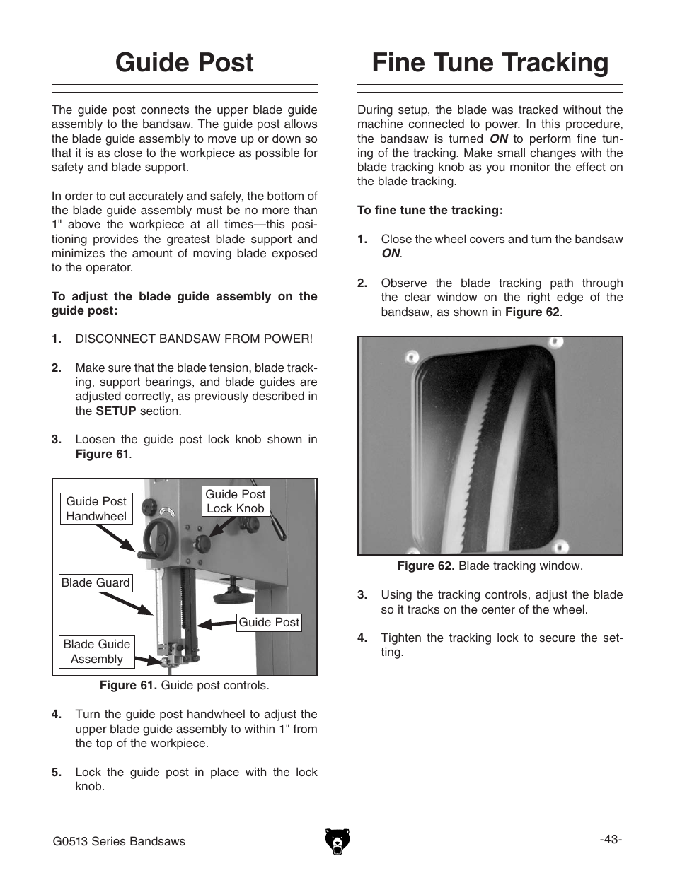 Guide post, Fine tune tracking | Grizzly 17" Heavy Duty-Bandsaw G0513X2BF User Manual | Page 45 / 108