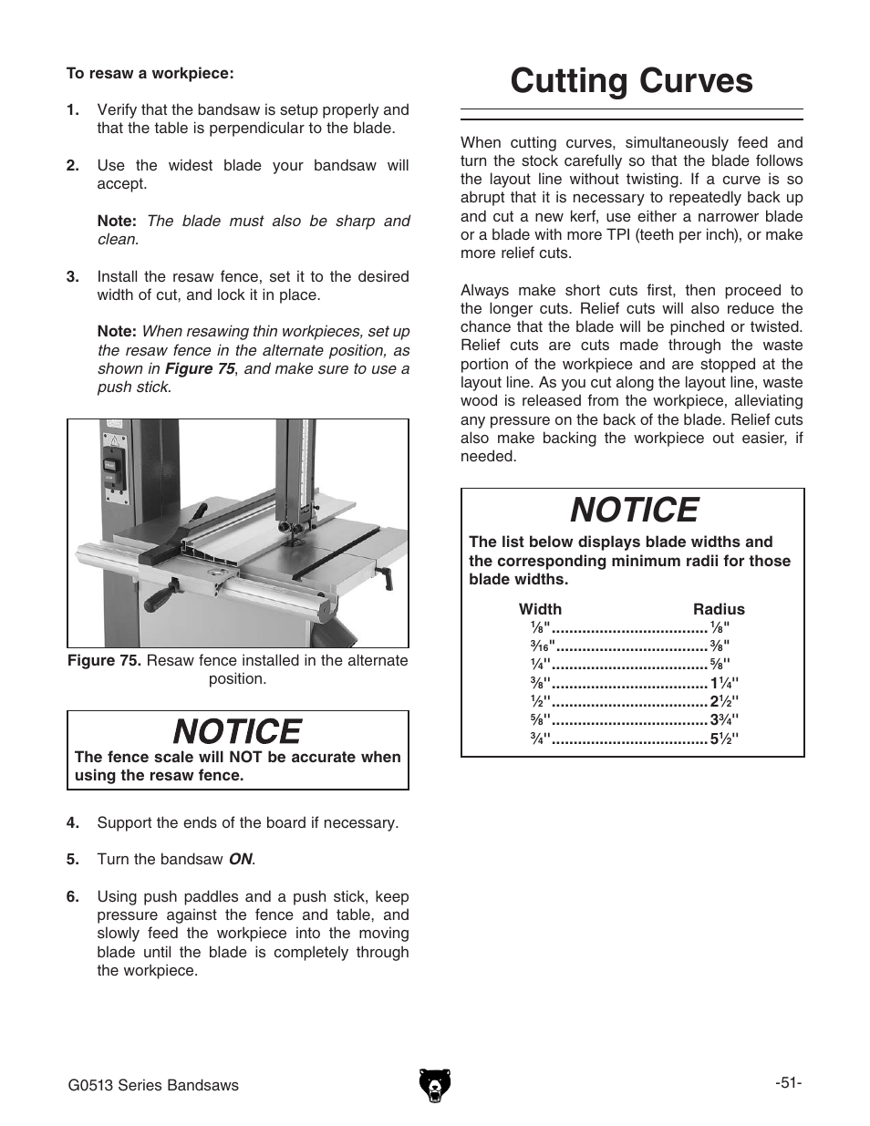 Cutting curves, Notice | Grizzly 17" Heavy Duty-Bandsaw G0513X2BF User Manual | Page 53 / 108