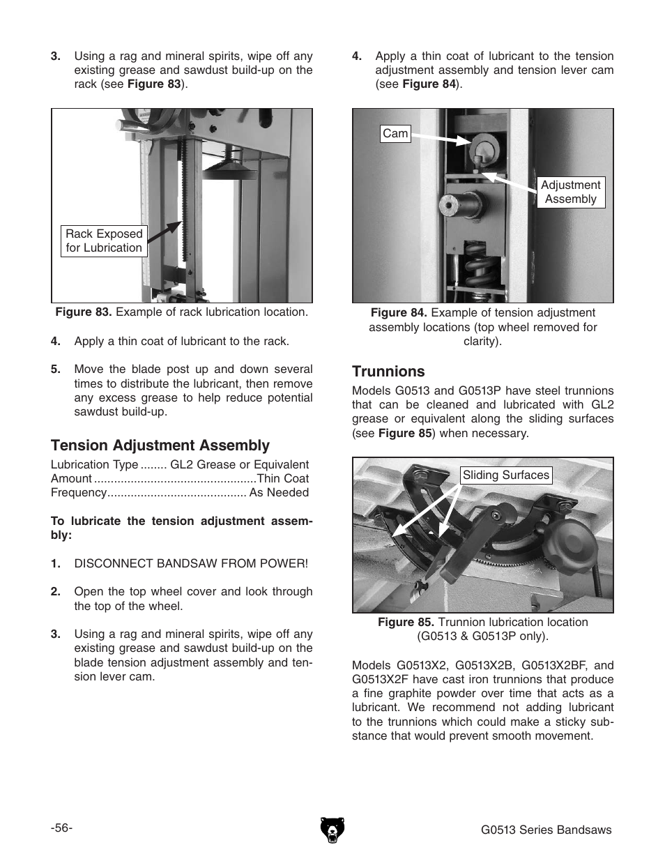 Tension adjustment assembly, Trunnions | Grizzly 17" Heavy Duty-Bandsaw G0513X2BF User Manual | Page 58 / 108