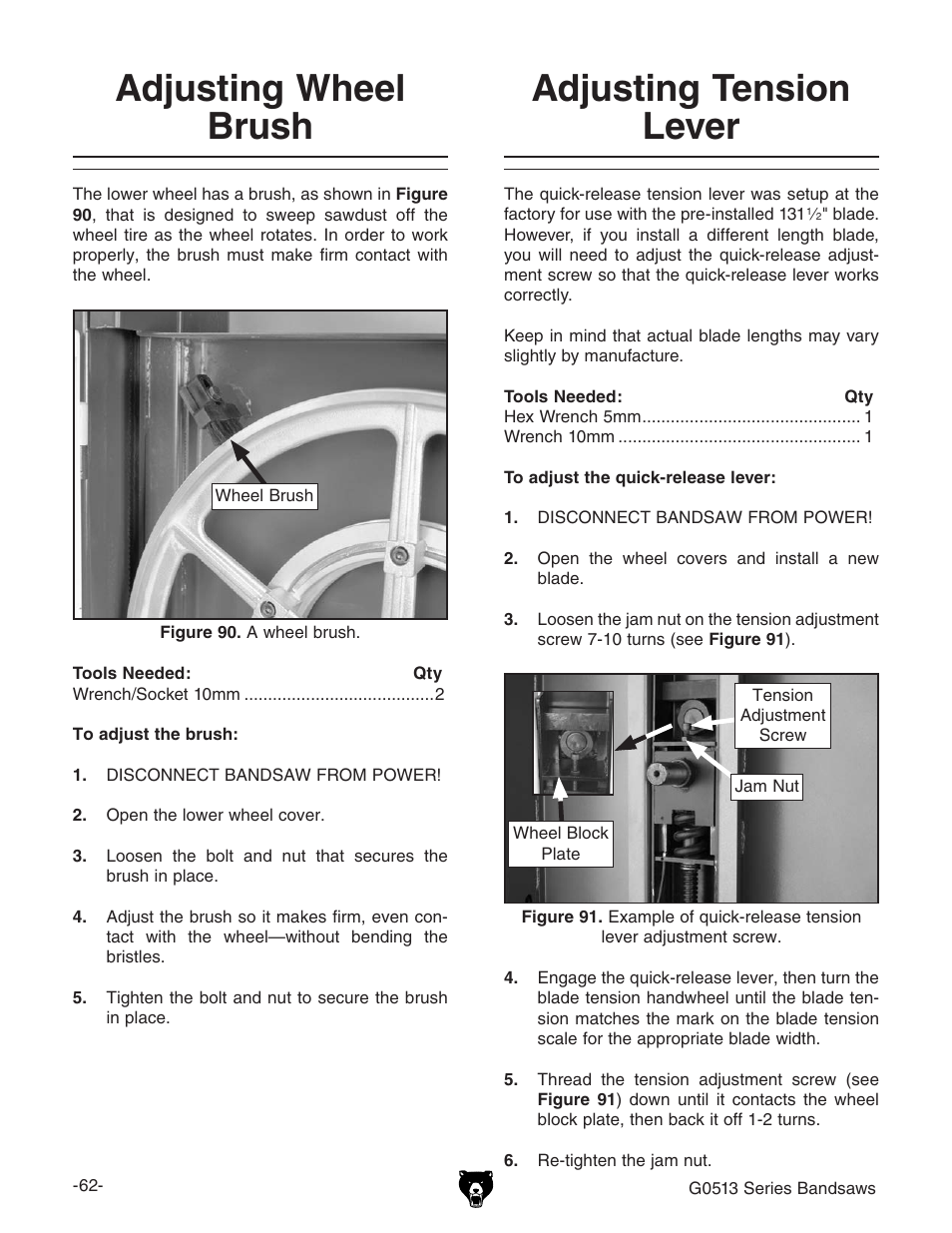 Adjusting wheel brush, Adjusting tension lever | Grizzly 17" Heavy Duty-Bandsaw G0513X2BF User Manual | Page 64 / 108