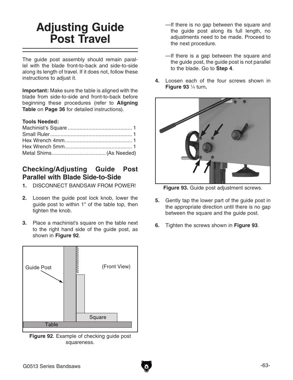 Adjusting guide post travel | Grizzly 17" Heavy Duty-Bandsaw G0513X2BF User Manual | Page 65 / 108