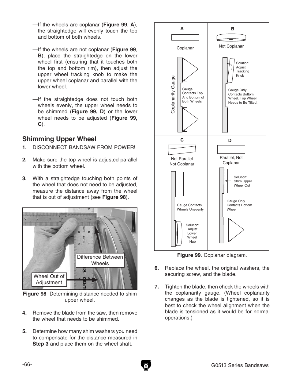 Shimming upper wheel | Grizzly 17" Heavy Duty-Bandsaw G0513X2BF User Manual | Page 68 / 108