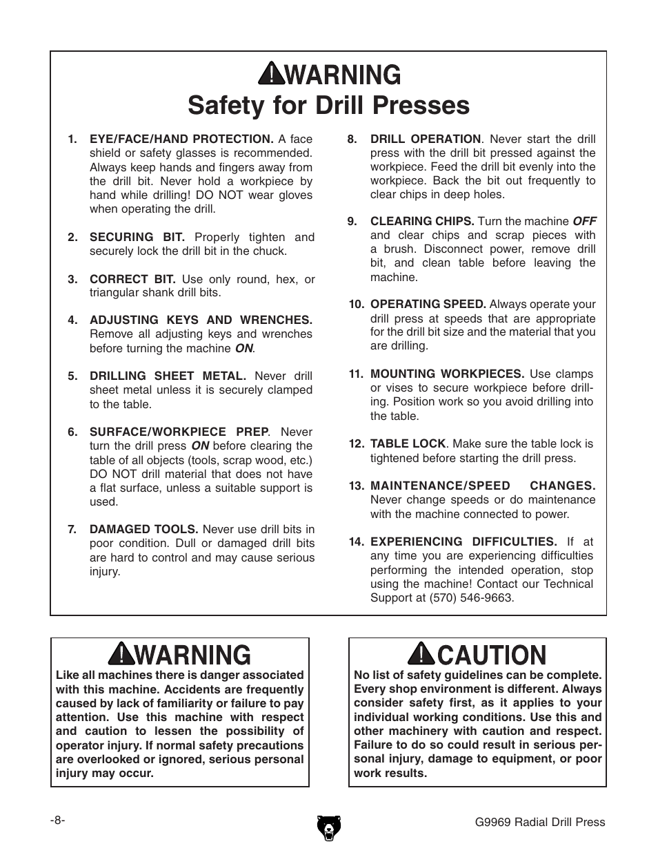 Safety for drill presses | Grizzly G9969 User Manual | Page 10 / 44
