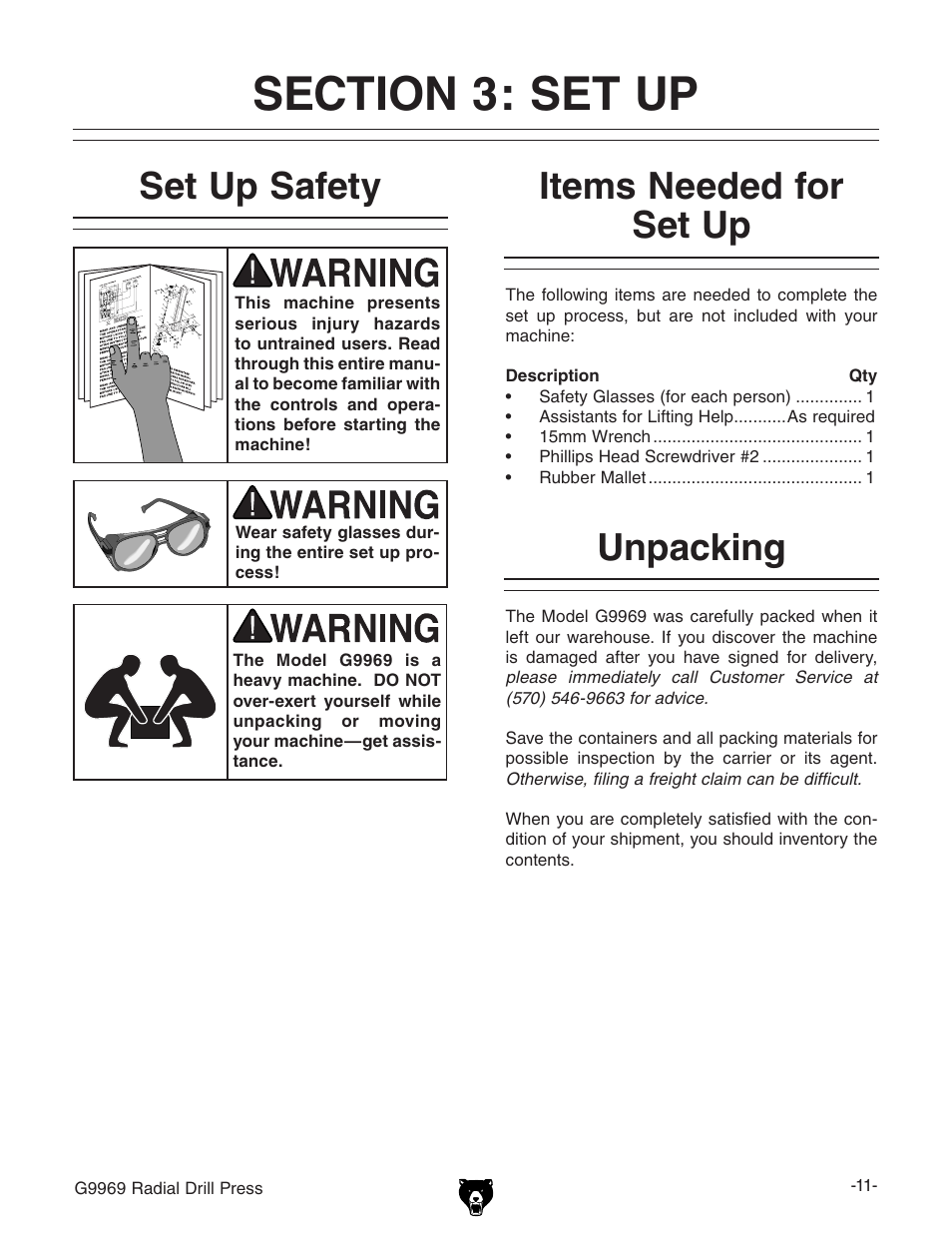 Set up safety, Items needed for set up, Unpacking | Grizzly G9969 User Manual | Page 13 / 44