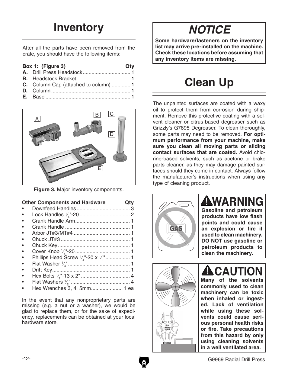 Inventory, Notice, Clean up | Grizzly G9969 User Manual | Page 14 / 44