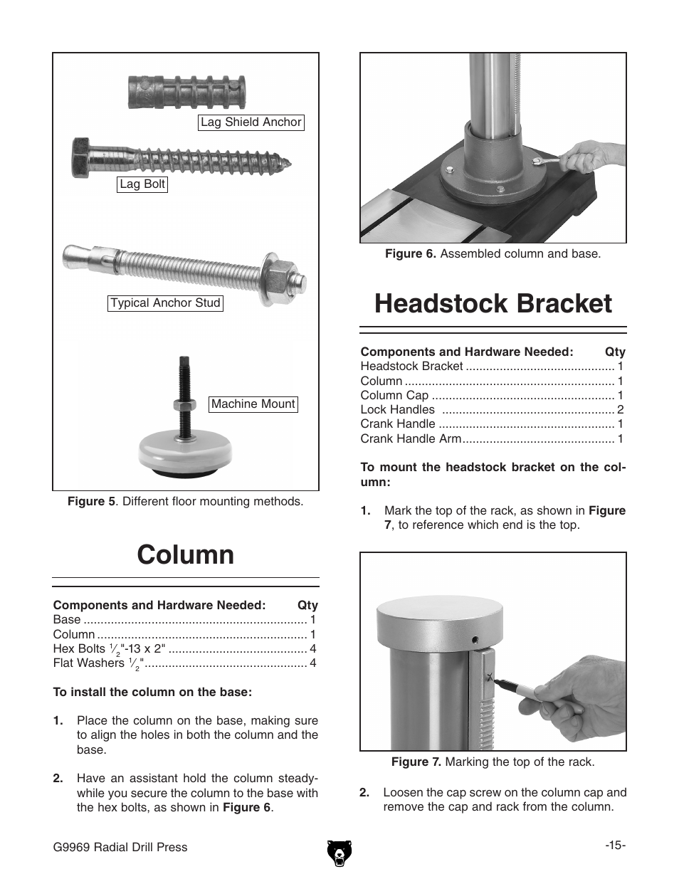 Column, Headstock bracket | Grizzly G9969 User Manual | Page 17 / 44