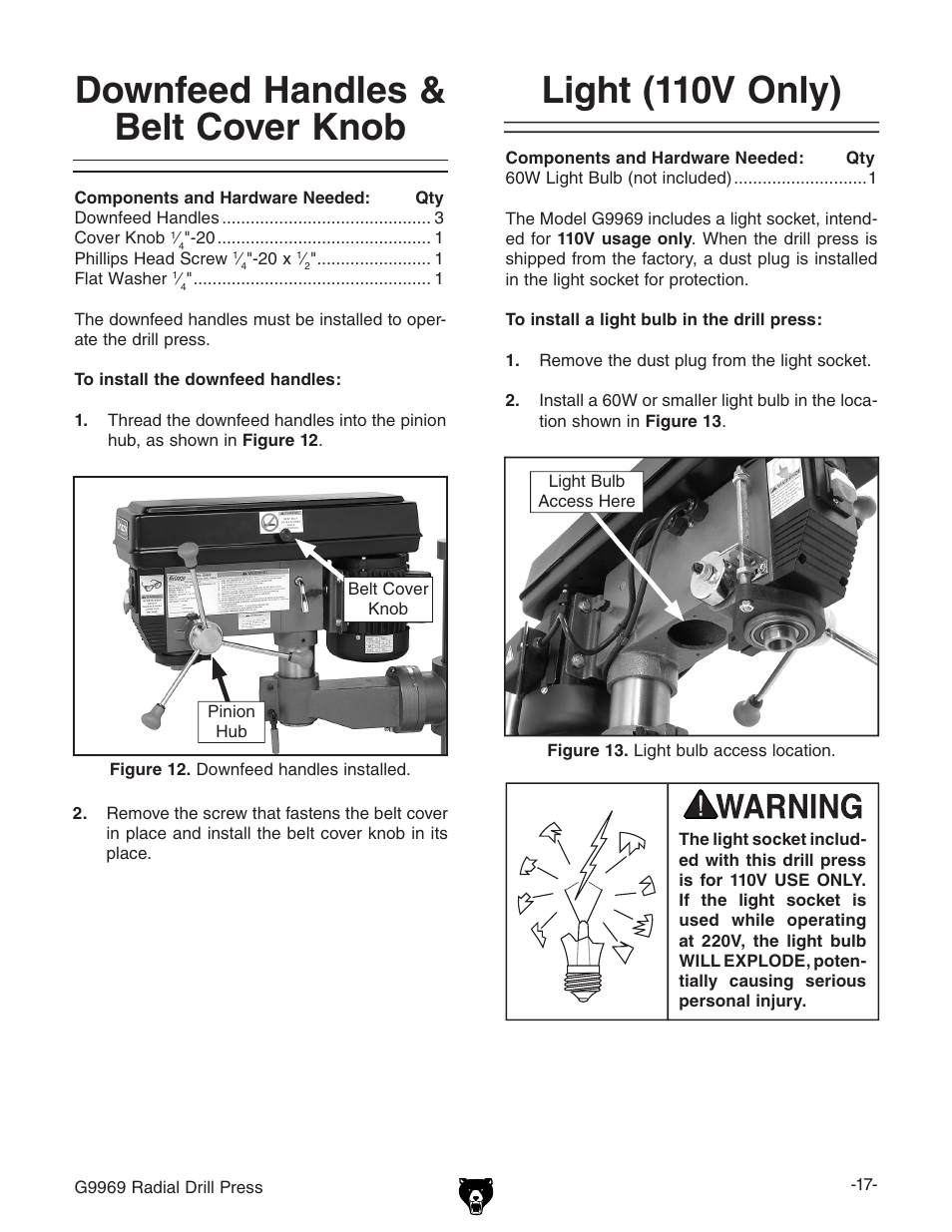 Downfeed handles & belt cover knob, Light (110v only) | Grizzly G9969 User Manual | Page 19 / 44