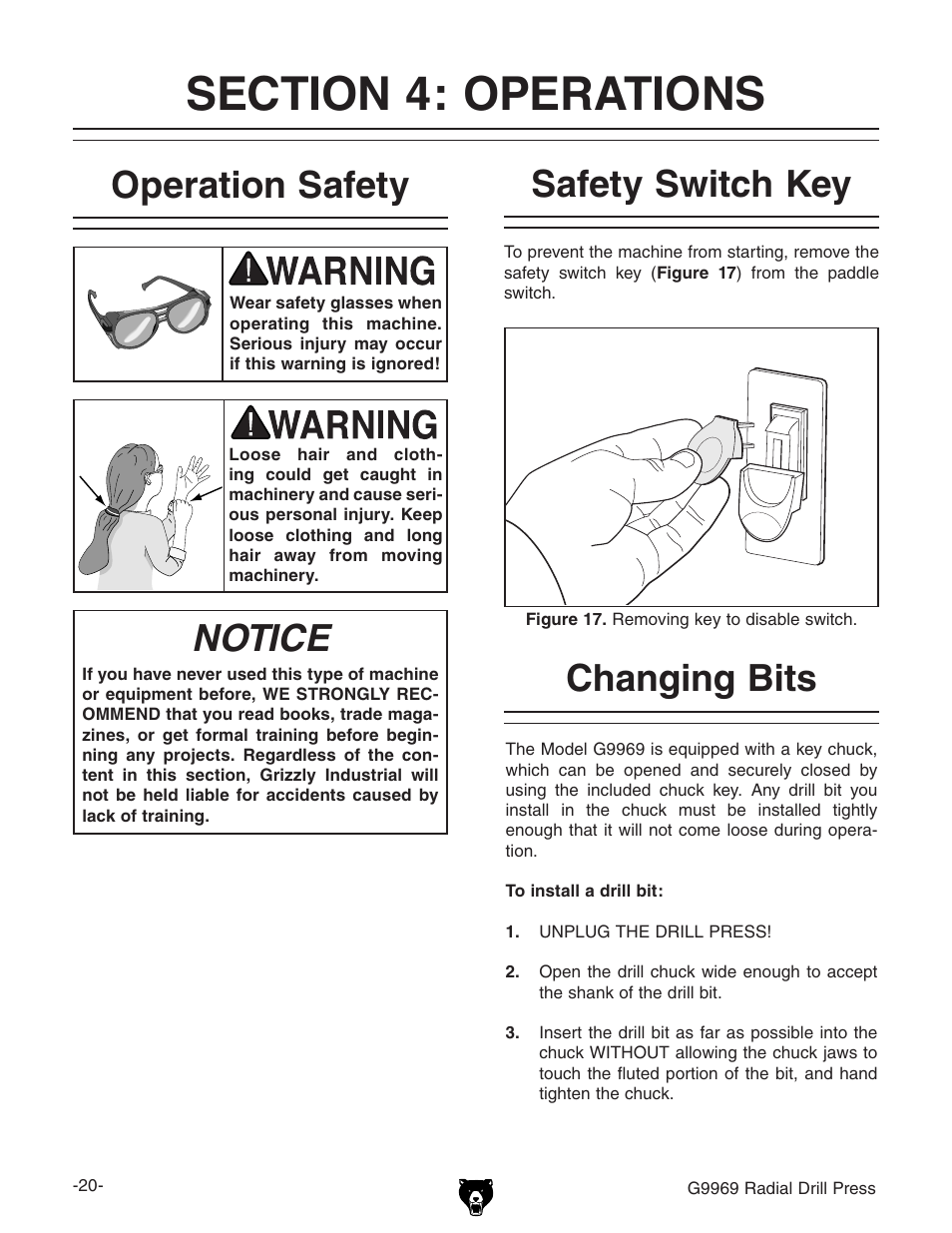 Operation safety, Notice, Safety switch key | Changing bits | Grizzly G9969 User Manual | Page 22 / 44